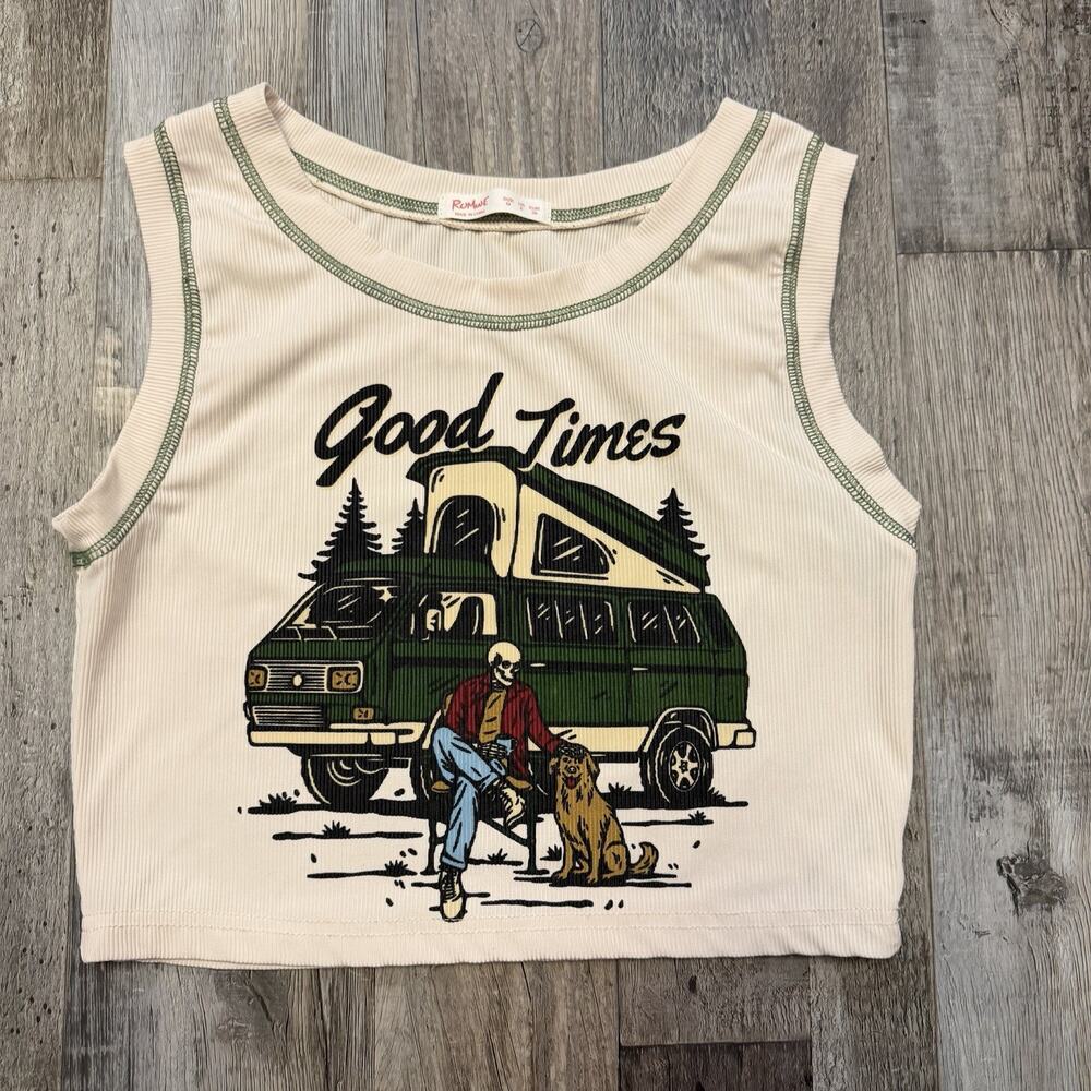 Romwe Crop Top Womens Sz M Tan Ribbed Good Times Skeleton Van Camp Pet Dog Tank